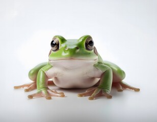 Obraz premium A small, green frog sitting calmly on a white background