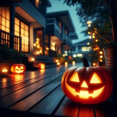 Fototapeta premium Pumpkin lanterns with blurred backgrounds at night on the house terrace