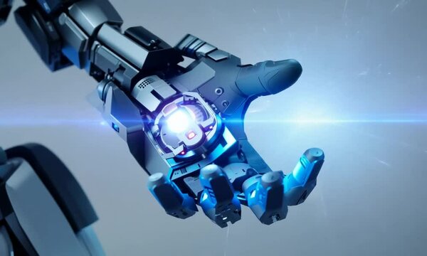 A robot with a helmet on its head. The robot is wearing a silver suit and has a black stripe on its chest