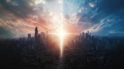 A city skyline with half in ruins and half shining brightly, connected by a beam of light, peace war conflict resolution, urban resilience and hope