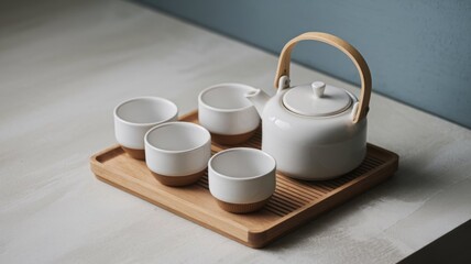 Minimalist tea set arrangement with a white ceramic teapot and matching teacups on a bamboo tray, showcasing a modern, clean design with light natural tones in a serene setting