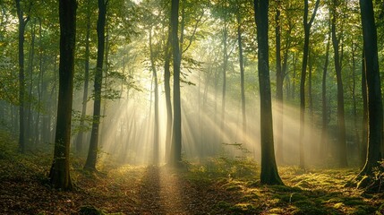 Obraz premium A misty forest with sunlight filtering through the trees, creating a serene and mysterious atmosphere.