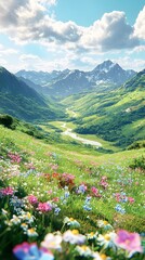 Breathtaking Pastoral Landscape with Vibrant Wildflowers Towering Mountains and Winding River