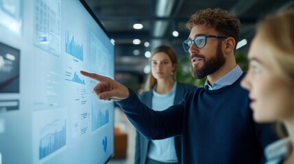 Interactive Presentation in Office, Team Discusses Project on Large Screen, Innovative Workplace Dynamics, Strategic Collaboration