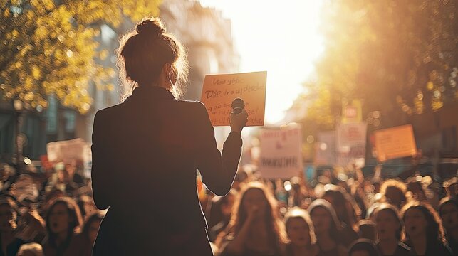 A passionate speaker addressing a crowd at a rally, advocating for social justice.
