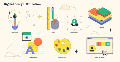 Digital design and web graphic creation tiny neubrutalism collection set. Labeled elements with visual material drawing using creativity, tools, typography and user interface vector illustration.