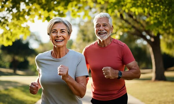 Active Aging: Senior couple embraces a healthy lifestyle, running together in a lush park.  Their smiles radiate vitality and joy, showcasing the power of movement and active aging. 