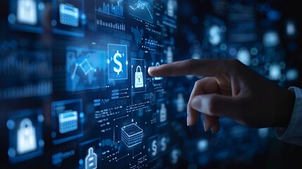A hand interacts with a digital interface showcasing security and financial elements.