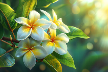 Beautiful yellow-white frangipani flowers and fair lighting. 