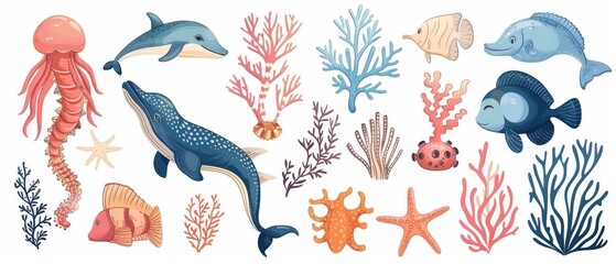 Obraz premium Sea animals flat design, side view, marine life theme, cartoon drawing, vivid
