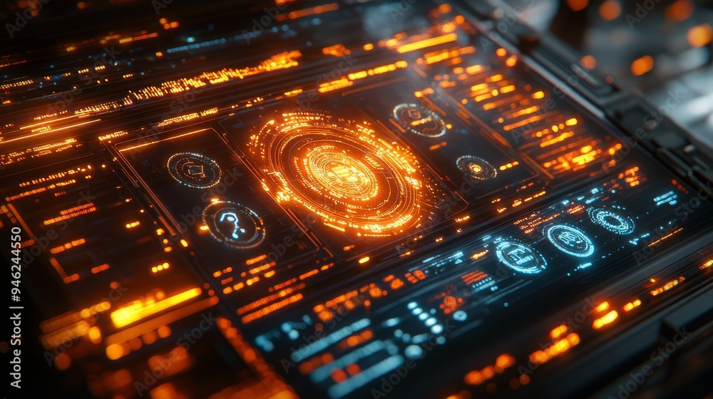Poster a vibrant holographic interface is displayed, showing various data points and controls in a futurist