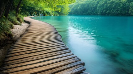 Fototapeta premium Beautiful turquoise lake, crystal clear water and wooden walkway along the shore, beautiful nature of the national park