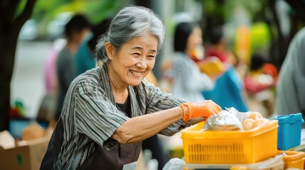 An older Asian woman happily organizes food items in a community park during a volunteer event