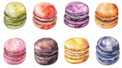 Fototapeta premium Macaron flat design top view Parisian bakery theme water color vivid