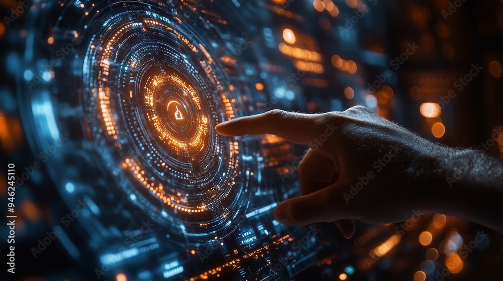 Poster a person is using their finger to navigate a holographic interface designed for data management in a