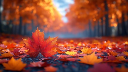 A Beautiful Autumn Landscape with Vibrant Leaves on the Ground