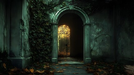 Fototapeta premium An old haunted house with dim lighting revealing a decaying archway covered in vines and leaves