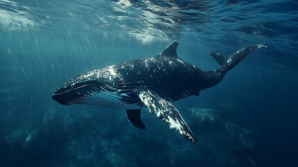 Obraz premium A majestic humpback whale swimming gracefully underwater.