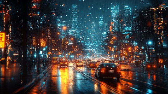 A holographic interface displays real-time traffic data in a vibrant city at night, highlighting vehicle movement amidst illuminated skyscrapers.