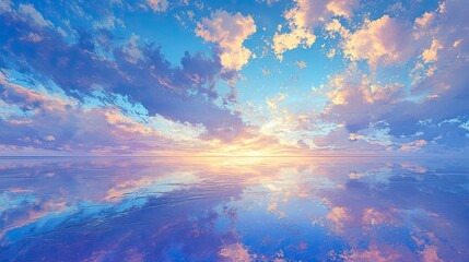 Celestial clouds dance in twilight hues vibrant sun rays scatter through ethereal skies reflecting on tranquil waters