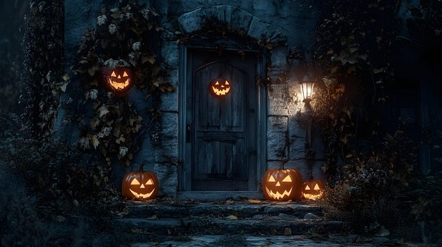 Close-up of a haunted house entrance with overgrown ivy and jack-o-lanterns flickering eerily in the dark