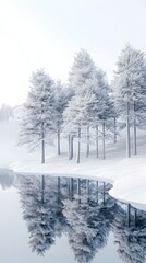 Fototapeta premium Frozen Lake with Mirrored Reflections of Snow Covered Pine Trees in Tranquil Scandinavian Winter Landscape