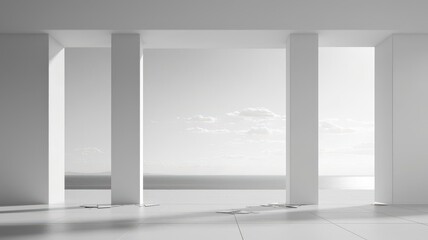 Fototapeta premium Black and white depiction of broken columns in a vast open space, minimalism, geometric design