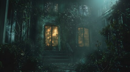 Fototapeta premium Haunted mansion with cracked walls and eerie lighting, surrounded by overgrown plants and thick cobwebs