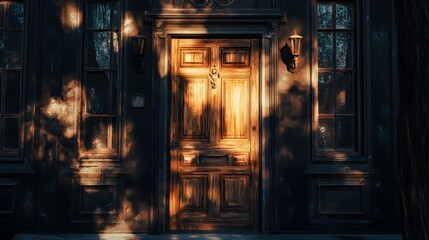 Obraz premium Exterior of a haunted house with intricate detailing on the old wooden door and eerie lighting casting long shadows