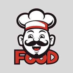 Playful vector design featuring a chef’s face in the word 'Food,' perfect for culinary branding.