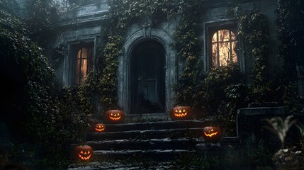 Obraz premium An eerie old house with overgrown ivy climbing the walls and flickering jack-o-lanterns on the steps