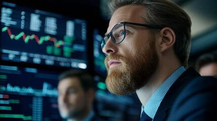 Fototapeta premium Financial Experts Discussing Real-Time Stock Data, Market Trends on Display, Guided Investment Strategies