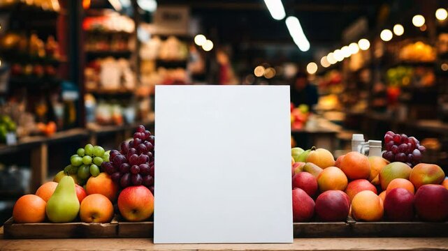 Blank white mock up signboard surrounded by fresh fruits including apples, pears, and grapes at a market. Template for advertisement with copy space