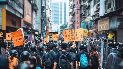 Fototapeta premium Demonstrators fill the streets with colorful placards while law enforcement, equipped with shields, maintain order amid rising tensions during the protest. Generative AI