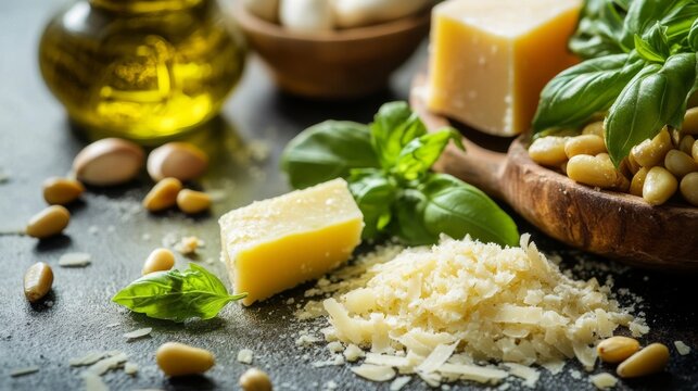 Pesto pasta: Parmesan, pine nuts, olive oil, garlic
