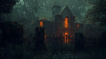 Fototapeta premium A spooky house with a broken fence and overgrown plants, with dim orange lighting adding to the eerie atmosphere