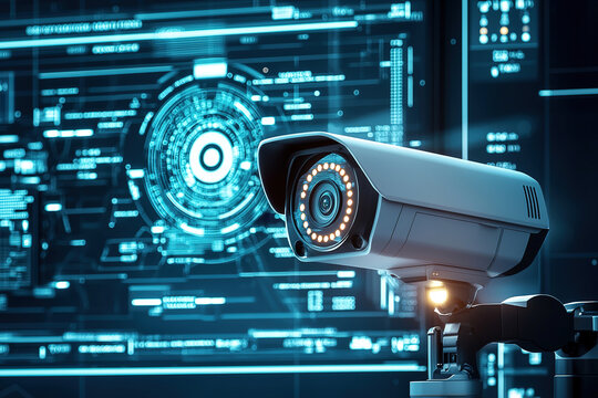 A cutting-edge security camera with a futuristic design, featuring glowing LED indicators, placed in front of a digital screen filled with real-time analytics and surveillance data