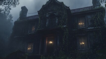 Obraz premium A spooky old house with flickering candles in the windows and overgrown ivy creeping up the front