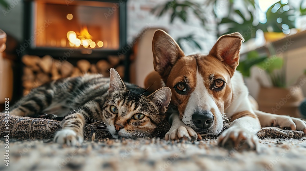 Canvas Prints A cozy scene featuring a cat and dog relaxing together by a fireplace.