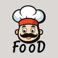 Playful vector design featuring a chef’s face in the word 'Food,' perfect for culinary branding.