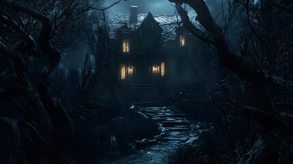 Obraz premium A spooky house with twisted branches and a dimly lit pathway leading to the eerie entrance