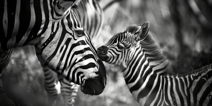 A tender moment between a zebra and its foal in a natural habitat during the day - Powered by Adobe