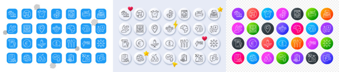 360 degrees, Approved agreement and Verification person line icons. Square, Gradient, Pin 3d buttons. AI, QA and map pin icons. Pack of Food, Friends couple, Alarm clock icon. Vector