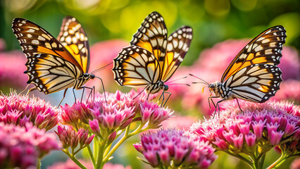 Fototapeta premium Common Tiger or Danaus genutia, Orange with white and black color pattern on insect wing, Monarch butterfly seeking nectar on flower in the field with
