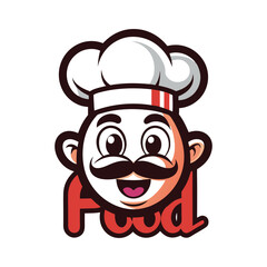 Playful vector design featuring a chef’s face in the word 'Food,' perfect for culinary branding.