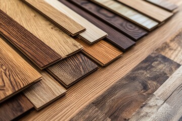 A collection of various natural tone parquet and laminate floor samples. Samples of wood laminate flooring and vinyl tiles.