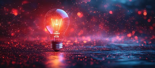Abstract background with a glowing light bulb and digital network connections in dark purple, red, and blue colors. 