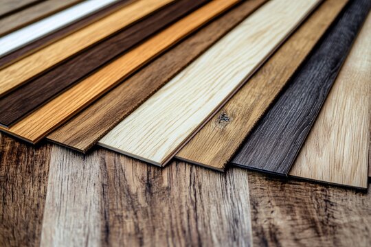 A collection of various natural tone parquet and laminate floor samples. Samples of wood laminate flooring and vinyl tiles.