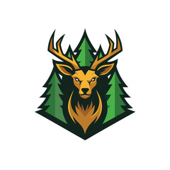 Aggressive deer with trees mascot logo icon vector design