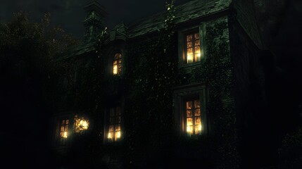 Obraz premium A dark, foreboding house with flickering candles in the windows and overgrown ivy creeping up the walls